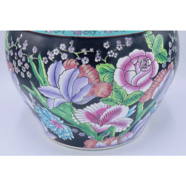 Mid 20th Century Asian Black Floral Koi Fish Ceramic Planter For Sale - Image 4 of 9