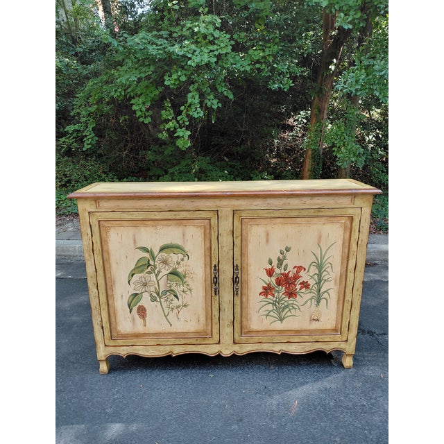 French Provincial Late 20th Century Hand-Painted French Provincial Botanical Sideboard Cabinet For Sale - Image 3 of 5