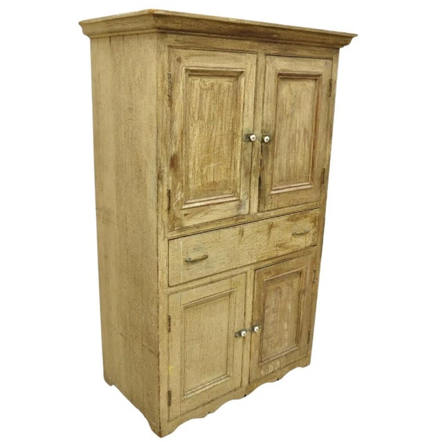 Antique French Country Farmhouse Beige Distressed Paint Kitchen Cupboard Cabinet. Item features antique alligatored...