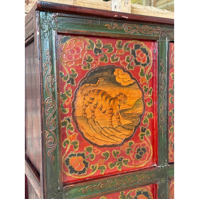 Vintage Tibetan Polychrome Painted Cabinet With Animal and Floral Panels For Sale - Image 4 of 12