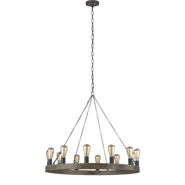 Sean Lavin by Visual Comfort Studio Avenir Medium Chandelier, Weathered Oak Wood/Antique Forged Iron For Sale