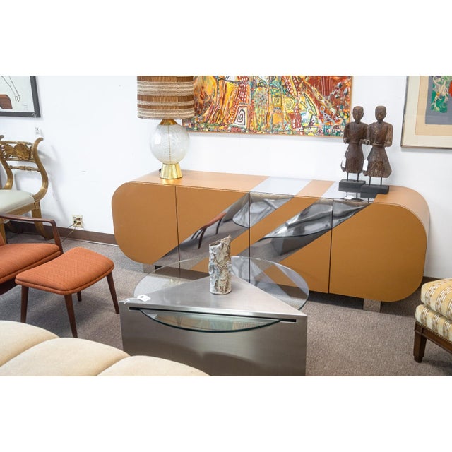 Contemporary Custom Made Beige Laminate and Chrome Striped Credenza Sideboard For Sale - Image 3 of 7
