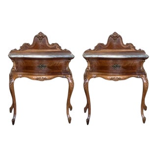 French Pair of Nightstand Tables With Crest & Carved Drawer and Cabriole Legs For Sale