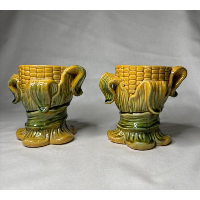 Majolica Traditional Fall Harvest Corn Husk Candleholders in the Style of Majolica, a Pair For Sale - Image 4 of 9