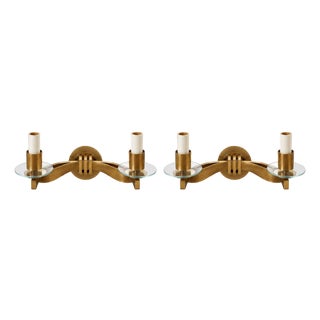 1940s French Art Deco Brass and Glass Two-Light Wall Sconces - a Pair For Sale