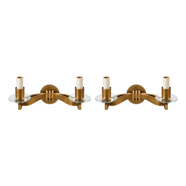 1940s French Art Deco Brass and Glass Two-Light Wall Sconces - a Pair For Sale