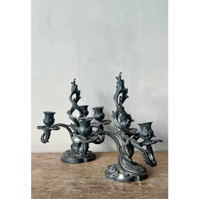 French Provincial Vintage Art Nouveau Three Arm Candelabras - A Pair For Sale - Image 3 of 10