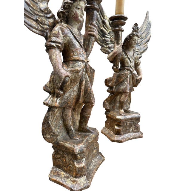 Coffee Pair of 18th Century Italian Carved and Polychrome Angel Candlesticks For Sale - Image 8 of 18