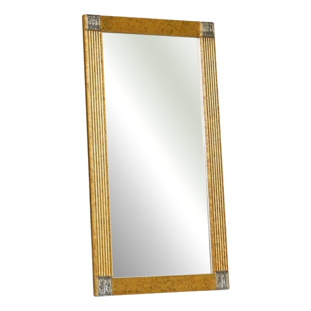 Large Art Deco Mirror in Patinated Brass with Facetted Mirror Glass, 1960s For Sale