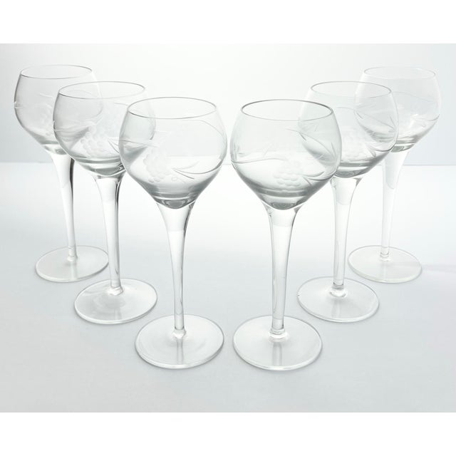 Glass 1970s Vintage Set of 6 Etched “Grape, Leaves & Vine” Wine Glasses For Sale - Image 7 of 8