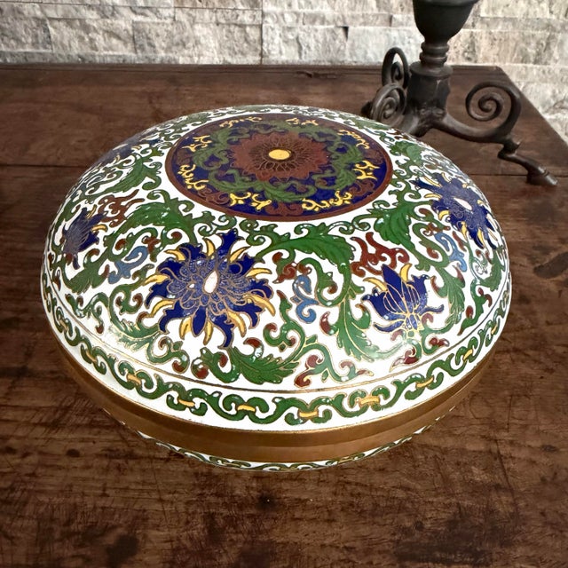 Antique Cloisonne Enamel Circular Box- 7 Inch Diameter For Sale - Image 9 of 12