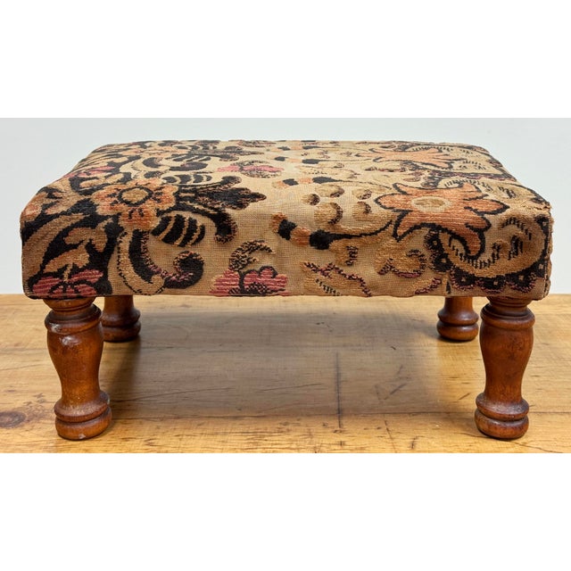 Farmhouse Antique Floral Upholstered Footstool W/ Turned Wood Legs For Sale - Image 3 of 11