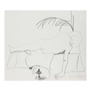 Reclining Nude With Cat 1950-60s Graphite For Sale