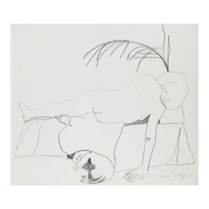 Reclining Nude With Cat 1950-60s Graphite