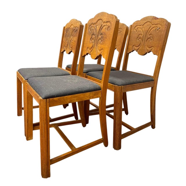 Vintage Set of 4 Carved Dining Chairs With Upholstered Seats For Sale - Image 4 of 11