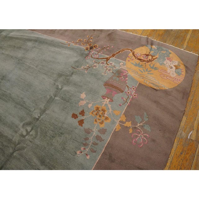 Early 20th Century 1920s Aqua Floral Modern Antique Chinese Art Rug 9' 0'' X 11' 4'' Handknotted Wool Carpet For Sale - Image 5 of 9