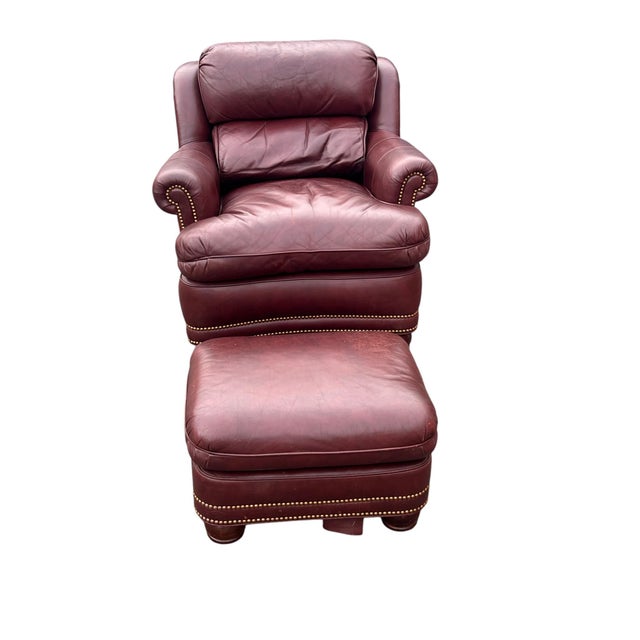 Traditional Hancock Moore Pair Austin High Back Lounge Chairs and 1 Ottoman Nailhead Trim For Sale - Image 3 of 18