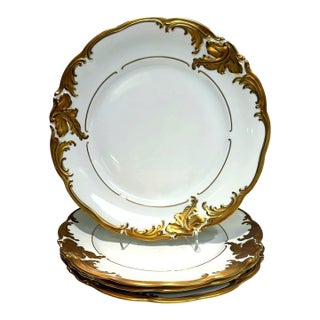 Vintage Walbrzych Wlb3 Poland 9.5" Gold Rococo Porcelain 4 Luncheon Plate Set For Sale
