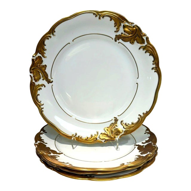 Vintage Walbrzych Wlb3 Poland 9.5" Gold Rococo Porcelain 4 Luncheon Plate Set For Sale