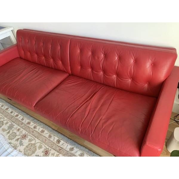 Midcentury Style Sofa by Room and Board Red leather couch - almost invisible small wear in one corner. Wells Custom 89"...