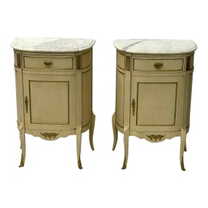 Pair of White Nightstand or End Tables / Side Tables, Marble Top Louis XV Style, Demi Lune