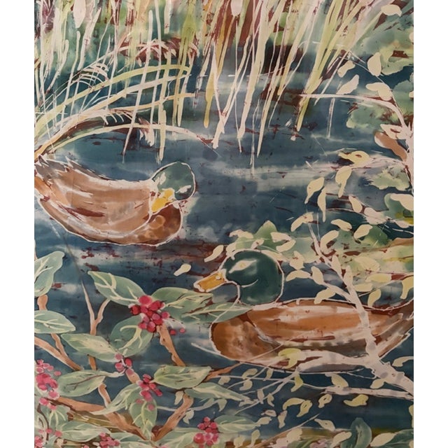 Large Mid Century Printed Silk Wall Hanging of Mallard Ducks in a Pond, Framed, Signed For Sale - Image 13 of 13