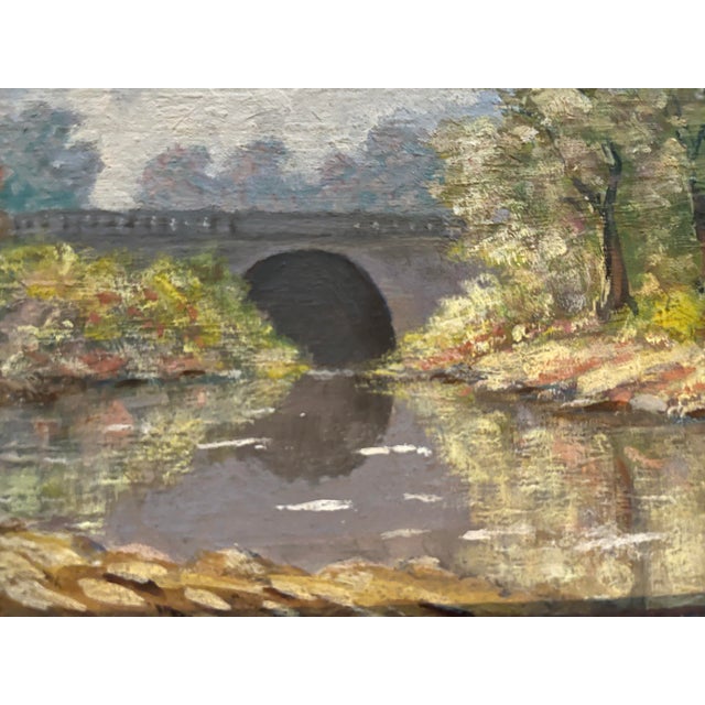 Autumn Foliage Landscape With a Stream and Bridge Oil on Board Painting For Sale - Image 4 of 6