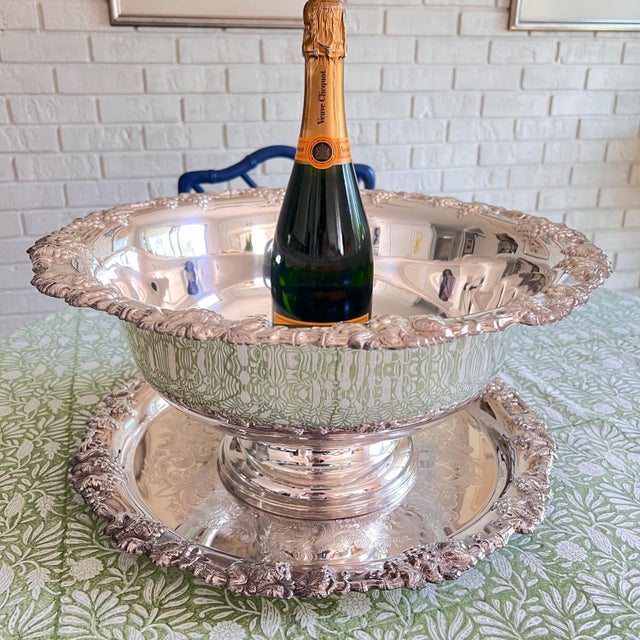 Metal Gorham "Newport" silverplate punch bowl, tray and ladle with embossed design and grapevine rim // huge champagne bucket // wedding decor For Sale - Image 7 of 18