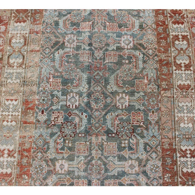 Red Antique Hand Knotted Persian Hamedan Runner With Sub-Geometric Design Earth Tones With Red For Sale - Image 8 of 13