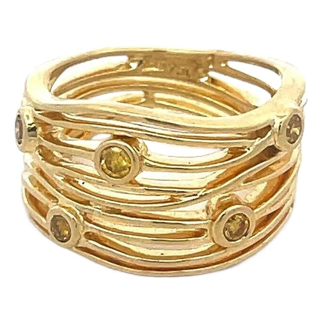 Fancy Yellow Diamond Gold Ring 18k Yellow Wire Wave Wide Band For Sale