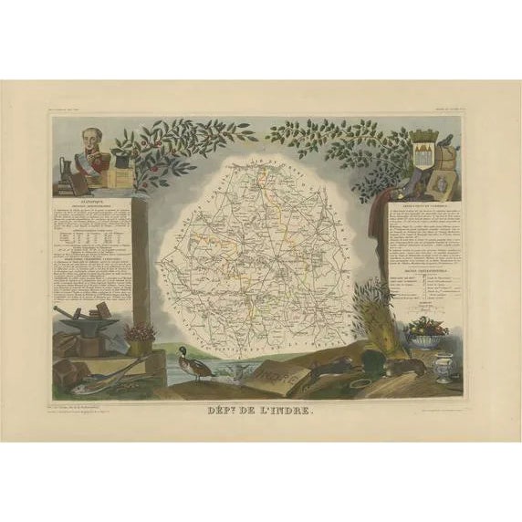 Antique Map of the Indre Region in France, 1852 For Sale
