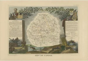 Antique Map of the Indre Region in France, 1852