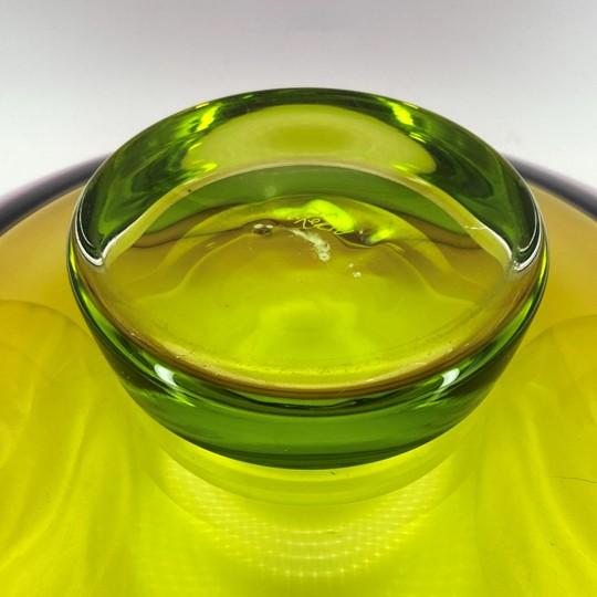 Nicholas Kekic Signed 15-Inch Two-Color Incalmo Bowl (Hyacinth and Lime With Clear Base) Large Centerpiece Bowl For Sale - Image 13 of 16