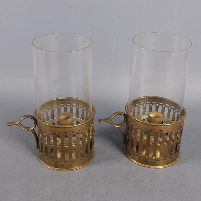 Victorian Brass and Glass Candlesticks, Early 1900s, Set of 2 For Sale - Image 6 of 13
