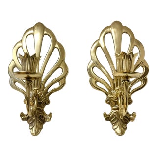 1970s Vintage French Peacock Lacquered Brass Candleholder Wall Sconces - A Pair For Sale