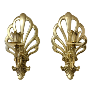 1970s Vintage French Peacock Lacquered Brass Candleholder Wall Sconces - A Pair
