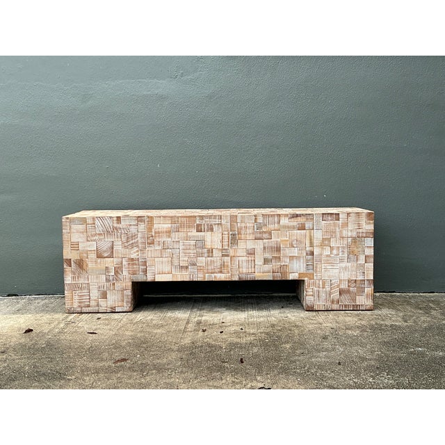 This vintage geometric patterned wood bench turns a simple form into a showcase of natural grain. The top is composed of...