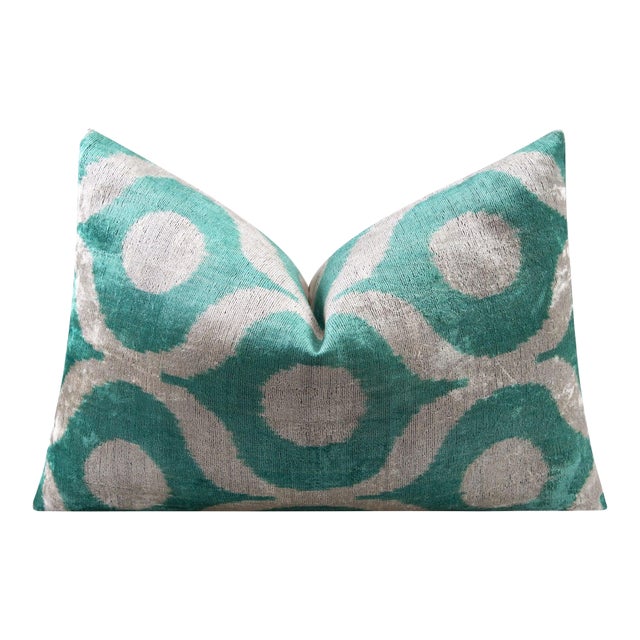 Handmade Velvet Throw Pillow - 16x24 Inches, Naturally Vegetable-Dyed, Premium Down Feather Insert - Teal and Beige Geometric Design For Sale