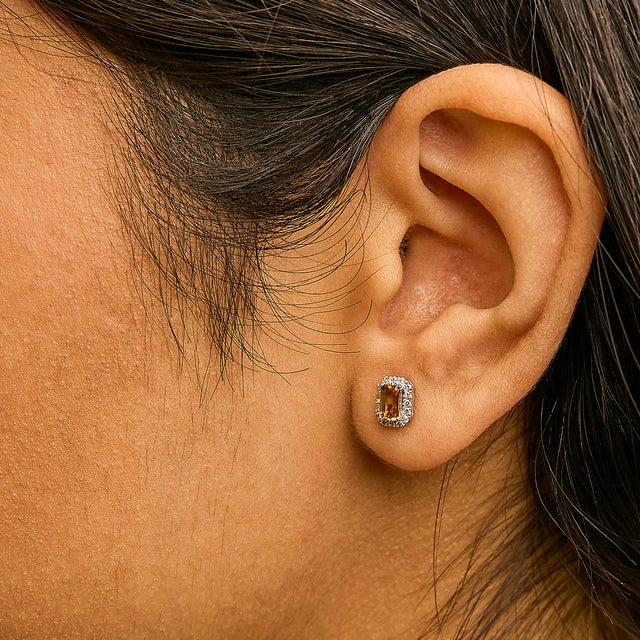 10K White Gold 5x3mm Emerald-Cut Orange Citrine and 1/7 Cttw Diamond Halo Octagonal Stud Earrings (I-J Color, I1-I2 Clarity) For Sale - Image 4 of 5