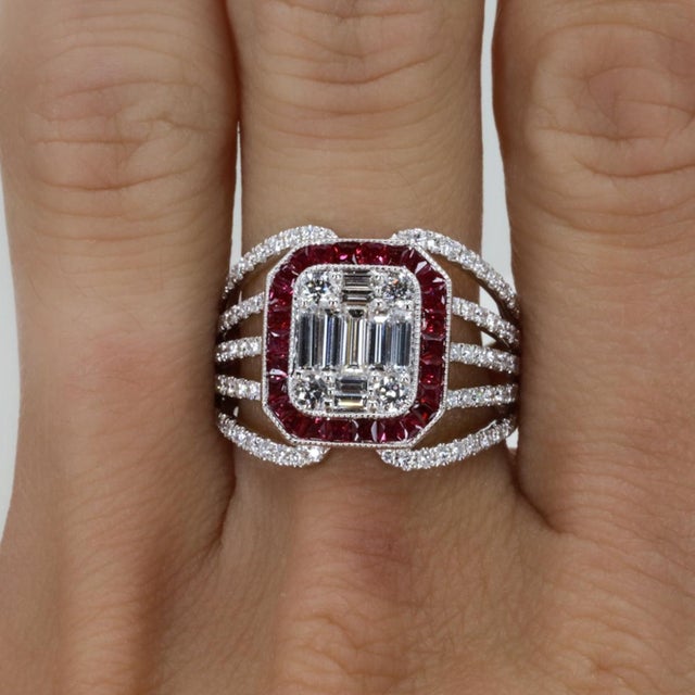 18k White gold ring with 1.12 carats of diamonds and 0.61 carats of rubies, exuding elegance and luxury with its brilliant...