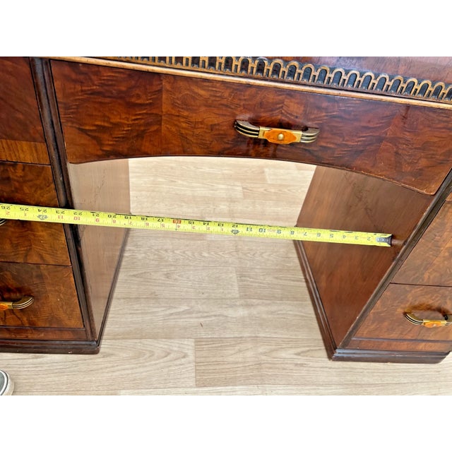 1930s Art Deco Desk Waterfall Top Seven Dovetail Bakelite Drawers Burl Walnut Carved For Sale - Image 9 of 12
