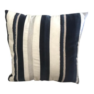 20” Stripped Blue and Cream Velvet Accent Nautical Pillow For Sale