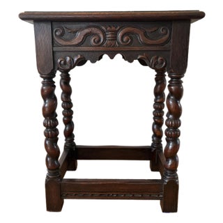 1900s Antique Belgium Oak With Barley Twist Legs and Hand Carved Apron Side Table For Sale