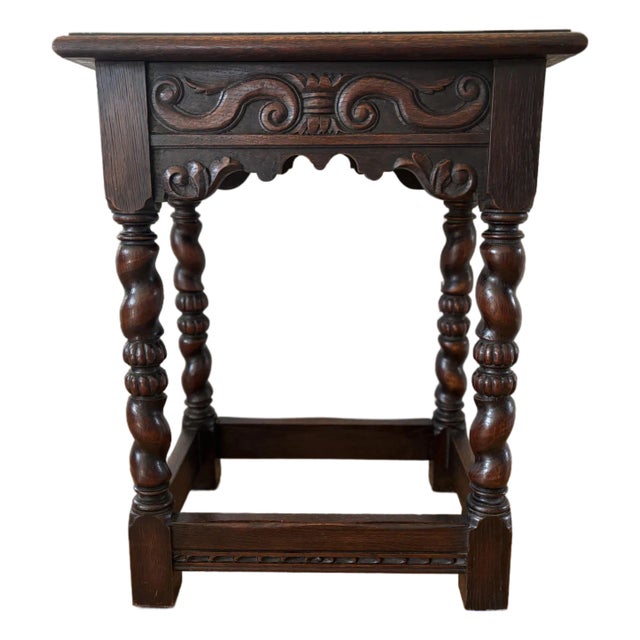1900s Antique Belgium Oak With Barley Twist Legs and Hand Carved Apron Side Table For Sale