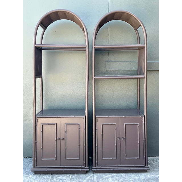 Hollywood Regency Vintage Arched Rattan Etagere - A Pair For Sale - Image 3 of 12