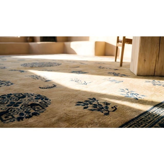 Exceptional Floral Pattern on a Beige Open Field and Navy Border Antique Chinese Peking Rug For Sale - Image 9 of 9
