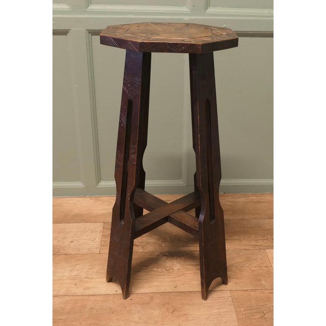 Antique Arts and Crafts Carved Elm Octagonal Plant Stand from Liberty & Co, 1880 For Sale - Image 4 of 7