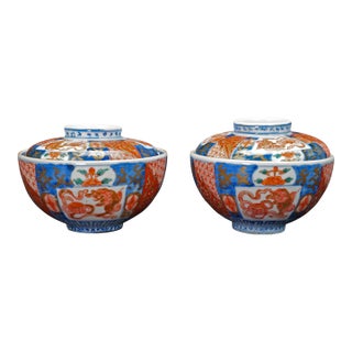 Pair Meiji 19th C Arita Imari Chawan Lidded Bowls For Sale