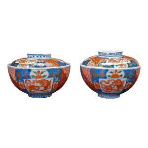 Pair Meiji 19th C Arita Imari Chawan Lidded Bowls