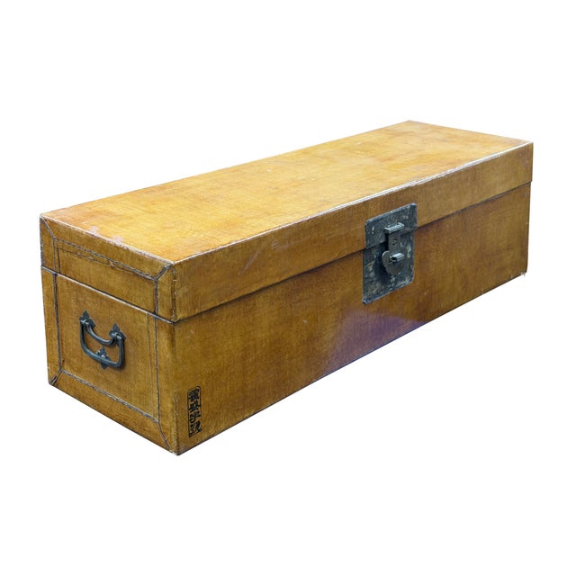 Vintage Scholar Mustard Yellow Leather Rectangular Wood Trunk Box For Sale In San Francisco - Image 6 of 11